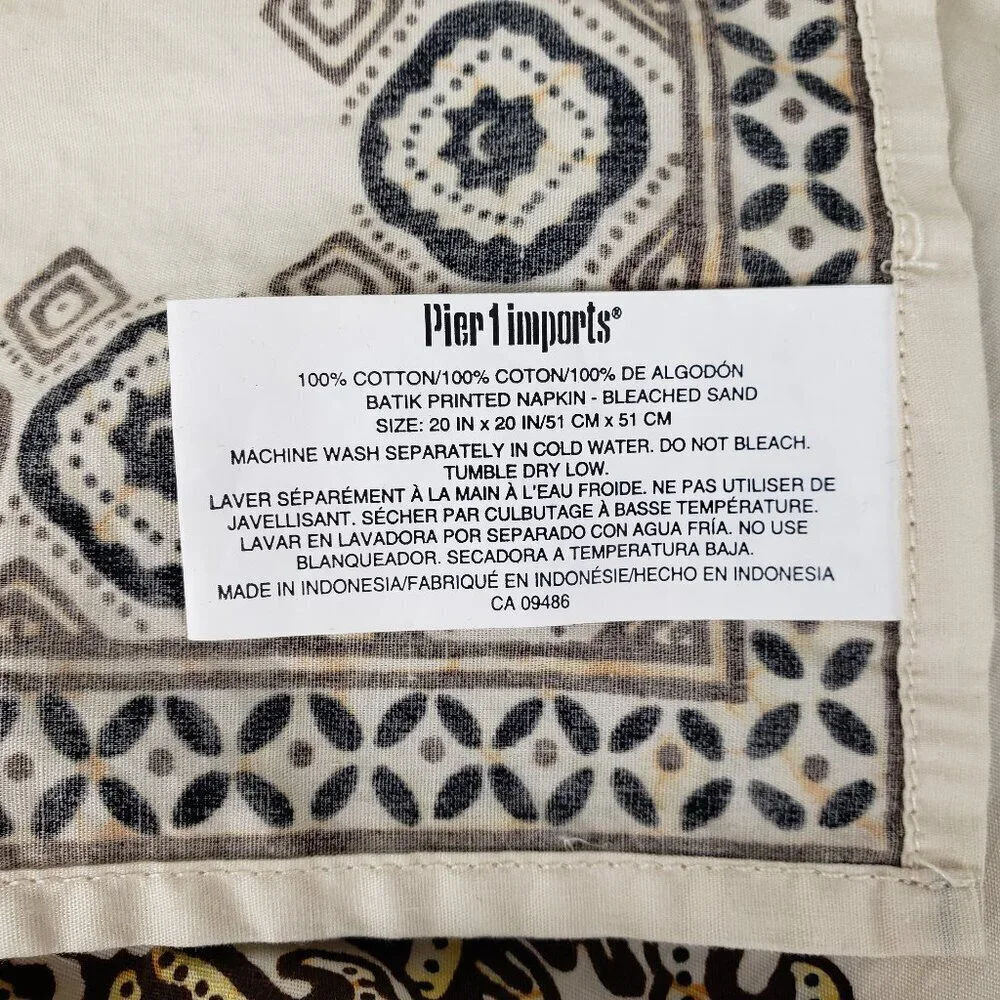 Pier 1 Imports Batik Printed Napkins Set of 6 Sand Brown Cotton Bandana Print